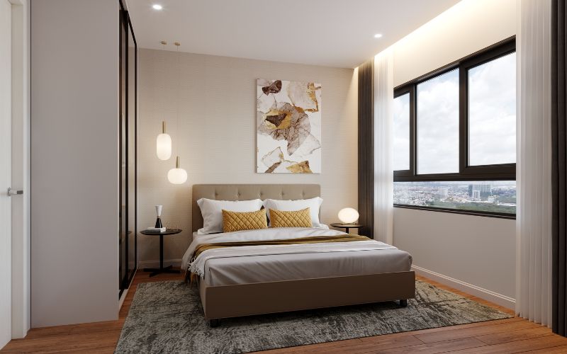 Giường gỗ thông bọc nệm đầu giường