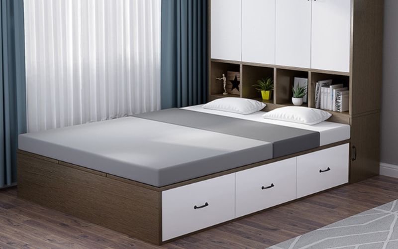 Giường gỗ sồi liền tủ đầu giường tiện lợi